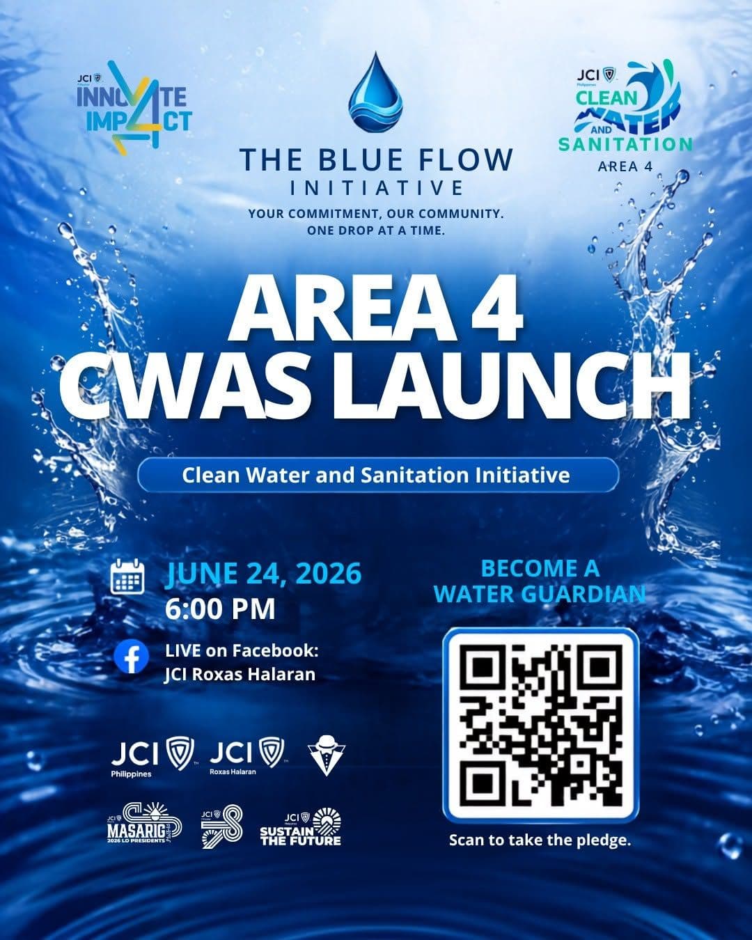 Poster for the Blue Flow Initiative, the Area 4 clean water and sanitation launch on June 24, 2026